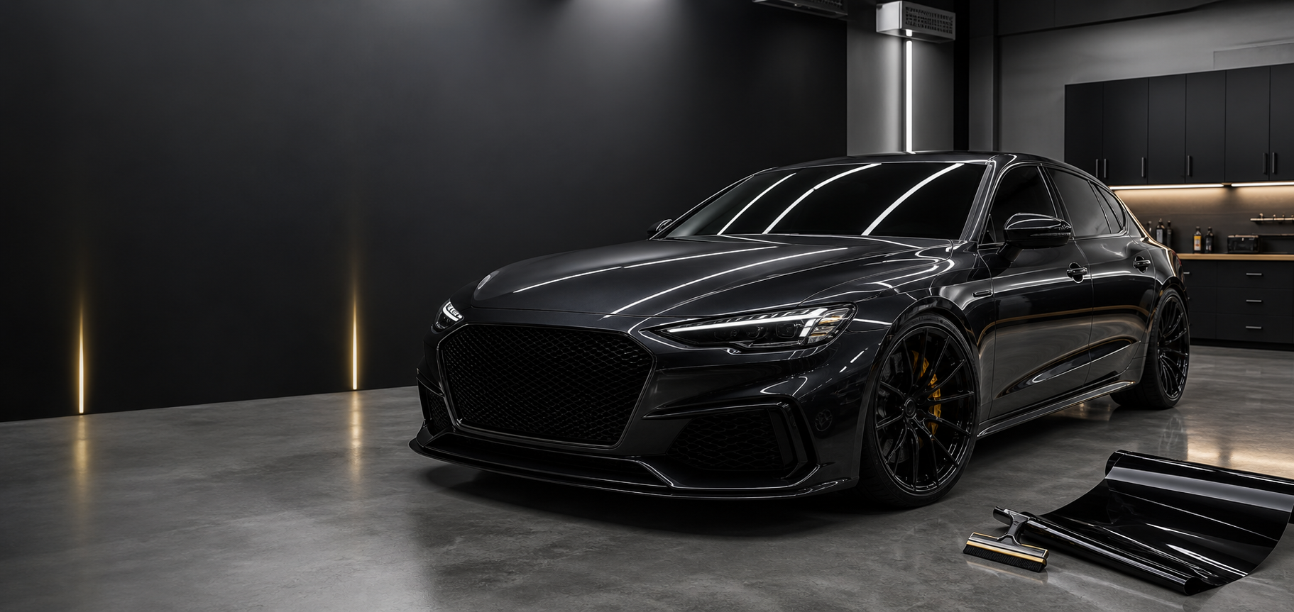A tinted sports sedan in a professional detailing bay